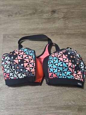 VSX Colorblock Geometric Print Sports Bra — Coral, Aqua & Black